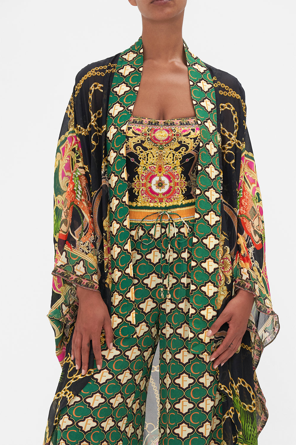 Detail view of model wearing CAMILLA silk kimono in Jealousy and Jewels print