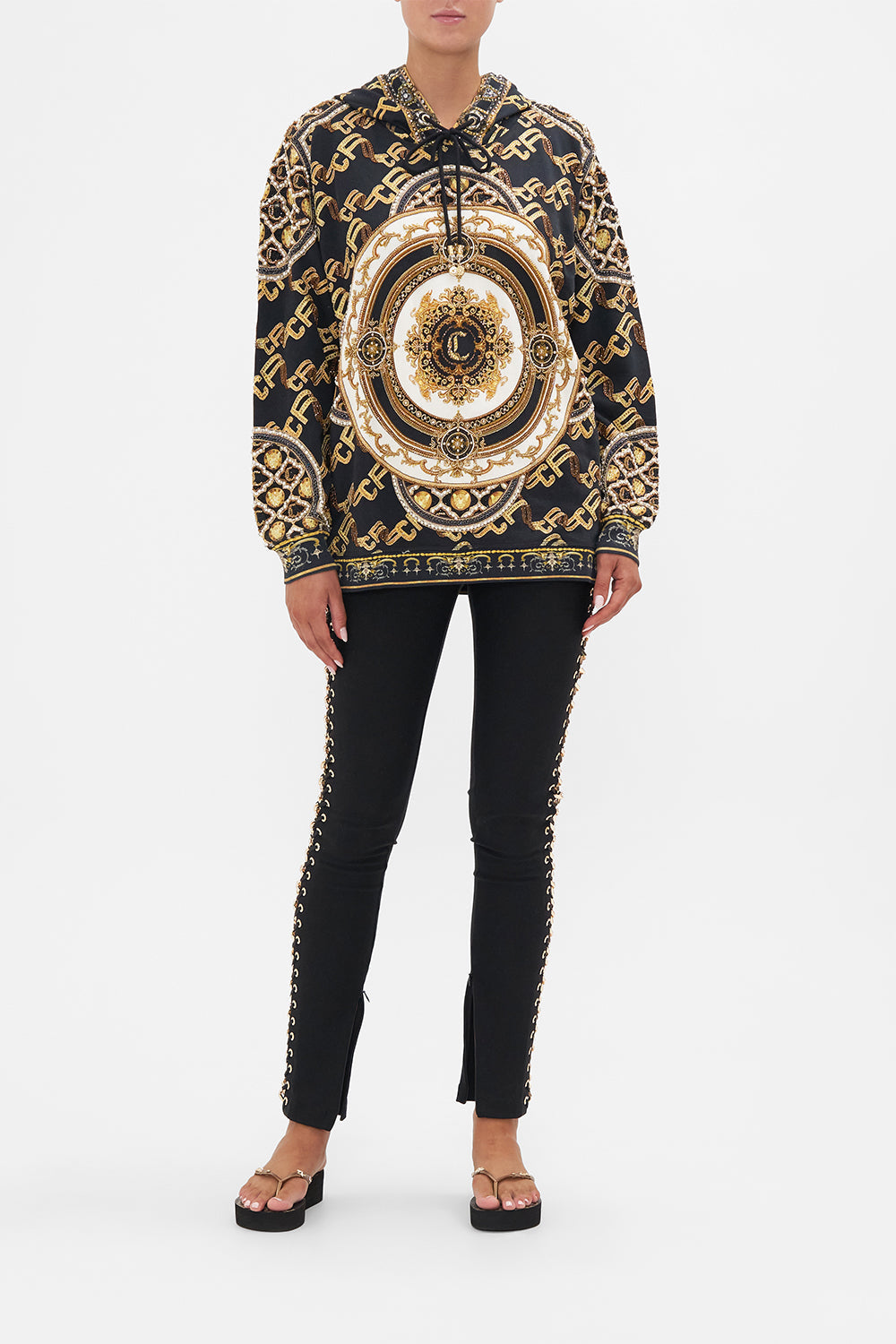 Front view of model wearing CAMILLA hoody in Tether me Not print