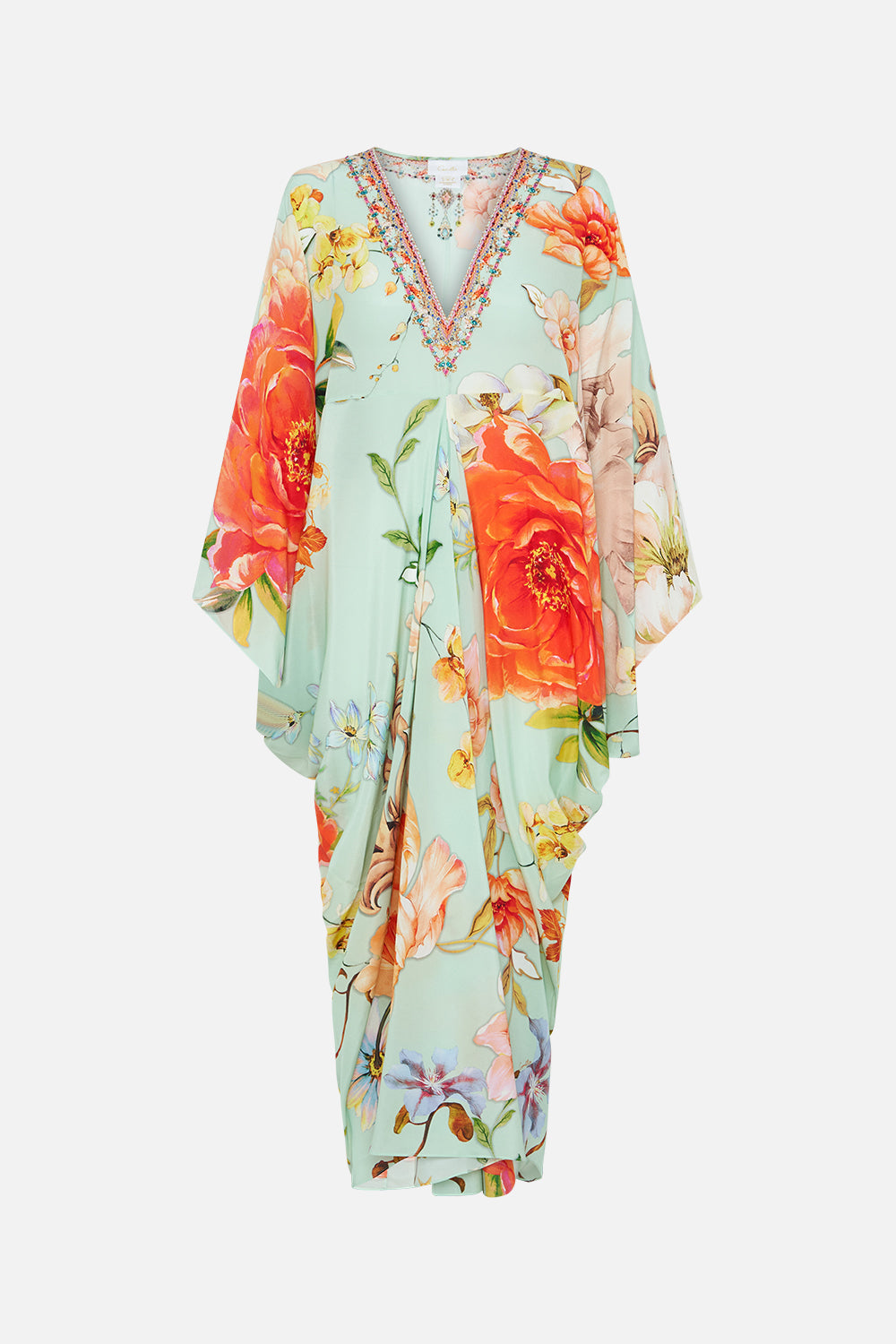 Product view of CAMILLA floral silk kaftan in Talk The Walk print