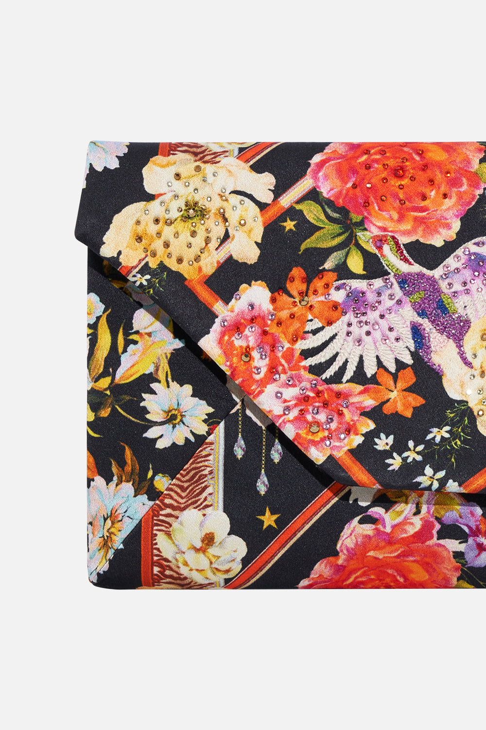 Detail view of CAMILLA floral print clutch bag in Secret History print