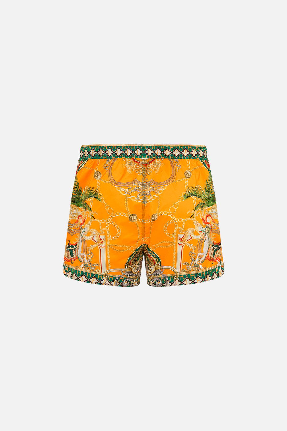 Back product view of Hotel Franks by CAMILLA silk mens short boardshorts in orange Dancing With The Bulls print