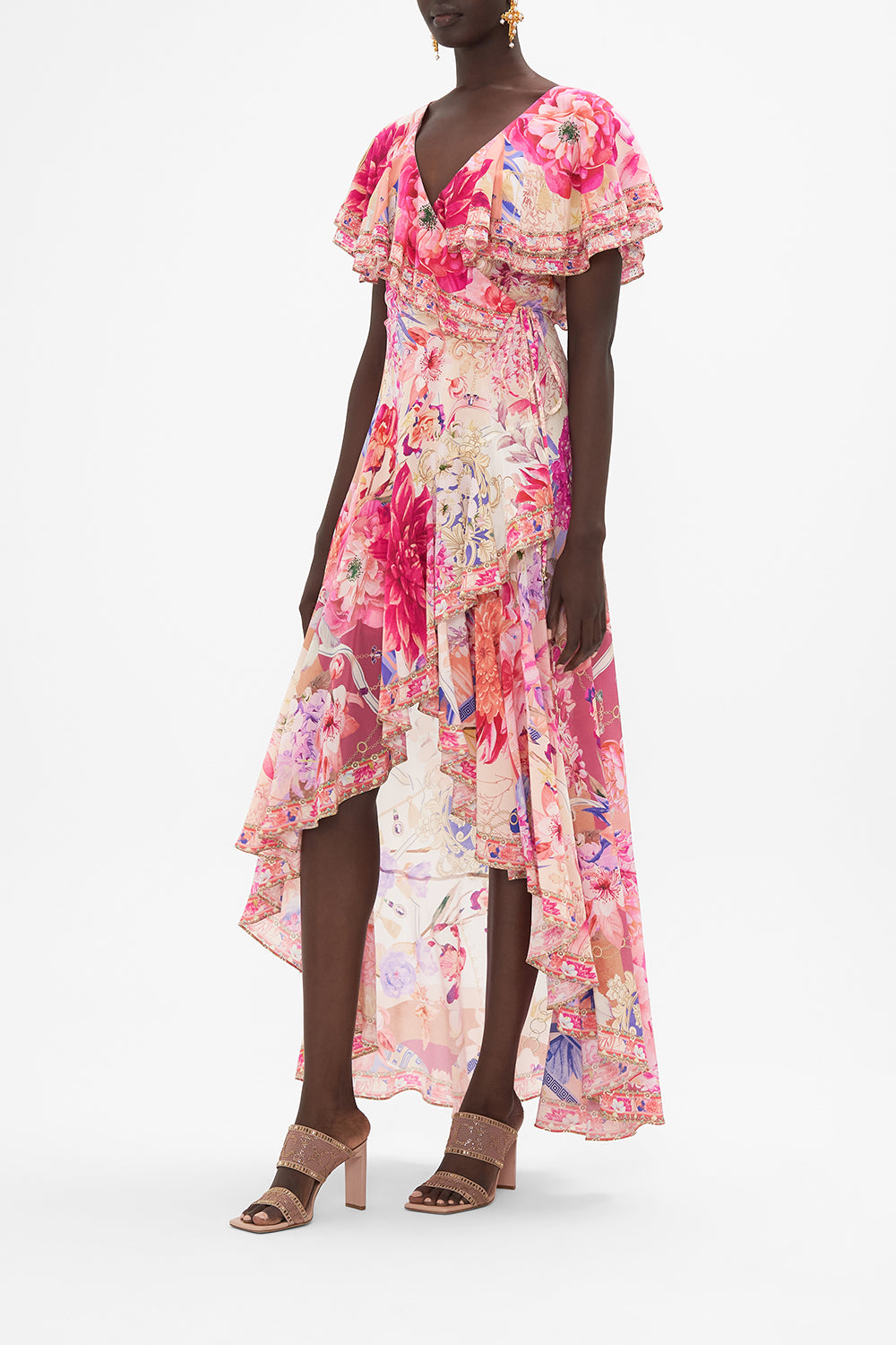 FRILL SLEEVE LONG DRESS ROSE BED RENDEZVOUS