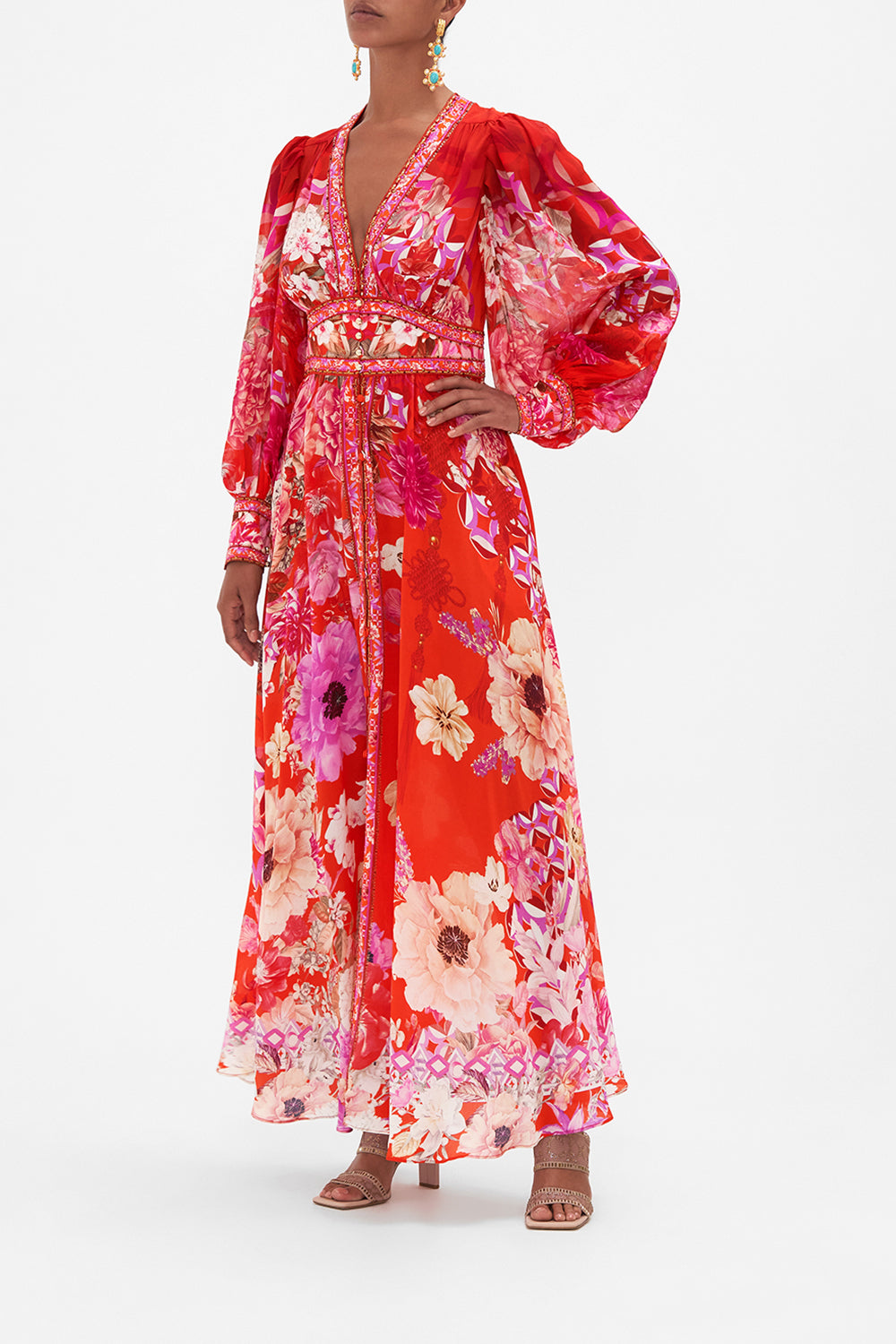 SHAPED WAISTBAND DRESS WITH GATHERED SLEEVES SECRET GARDEN