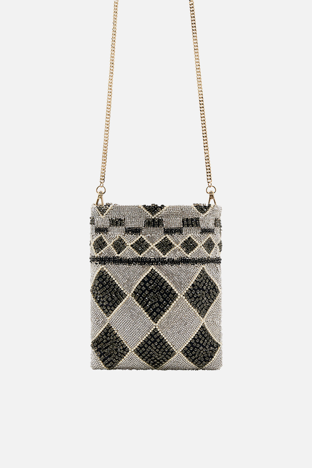 Product view of CAMILLA black and white beaded mini bag in Duomo Dynasty