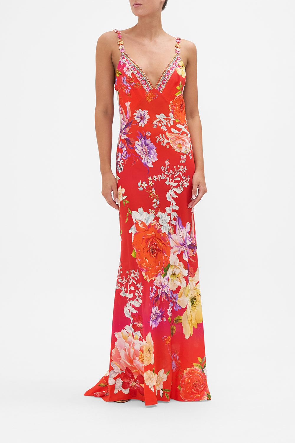 Front view of model wearing CAMILLA bias silk slip dress in Kiss And Tell floral print