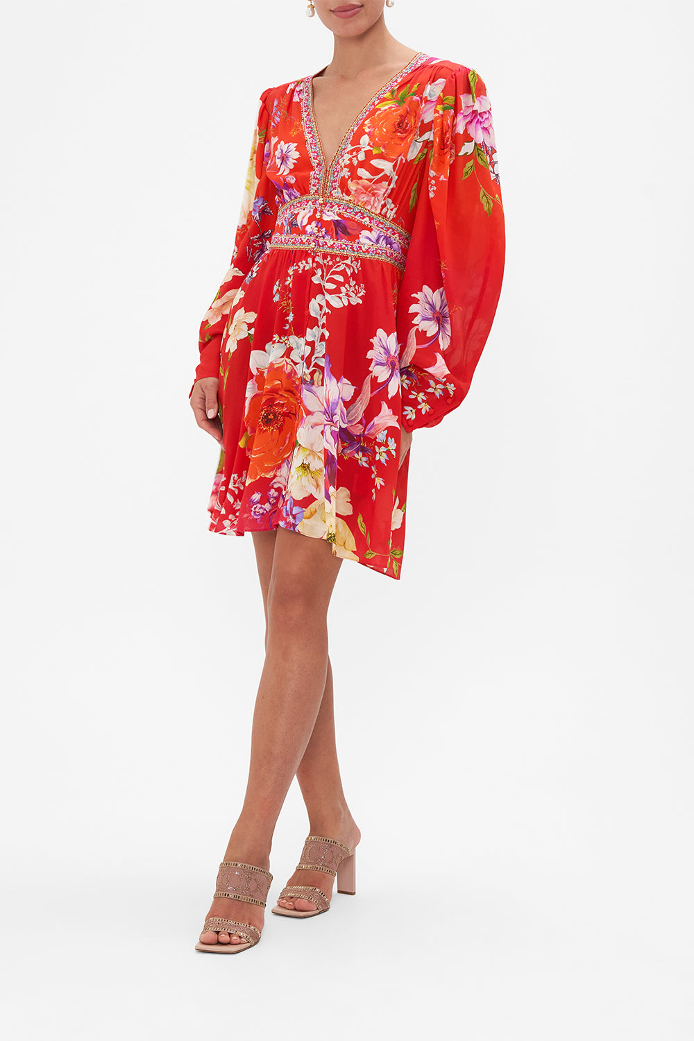 Front view of model wearing CAMILLA re floral silk mini dress in Kiss And Tell print