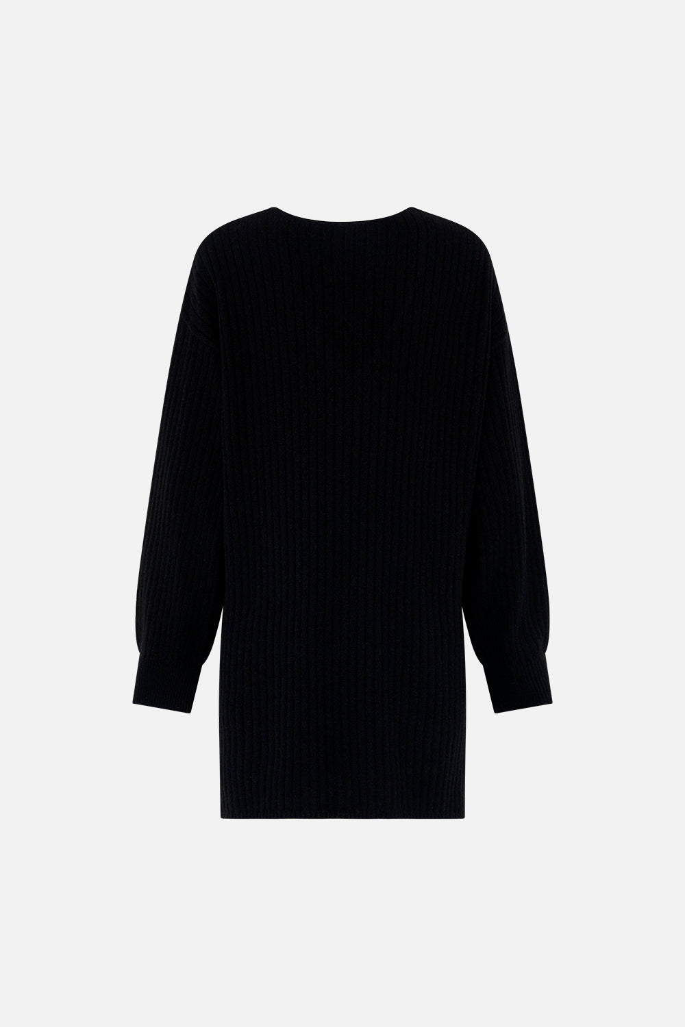 Back product view of CAMILLA black v neck wool cashmere knit jumper in Lions Mane print
