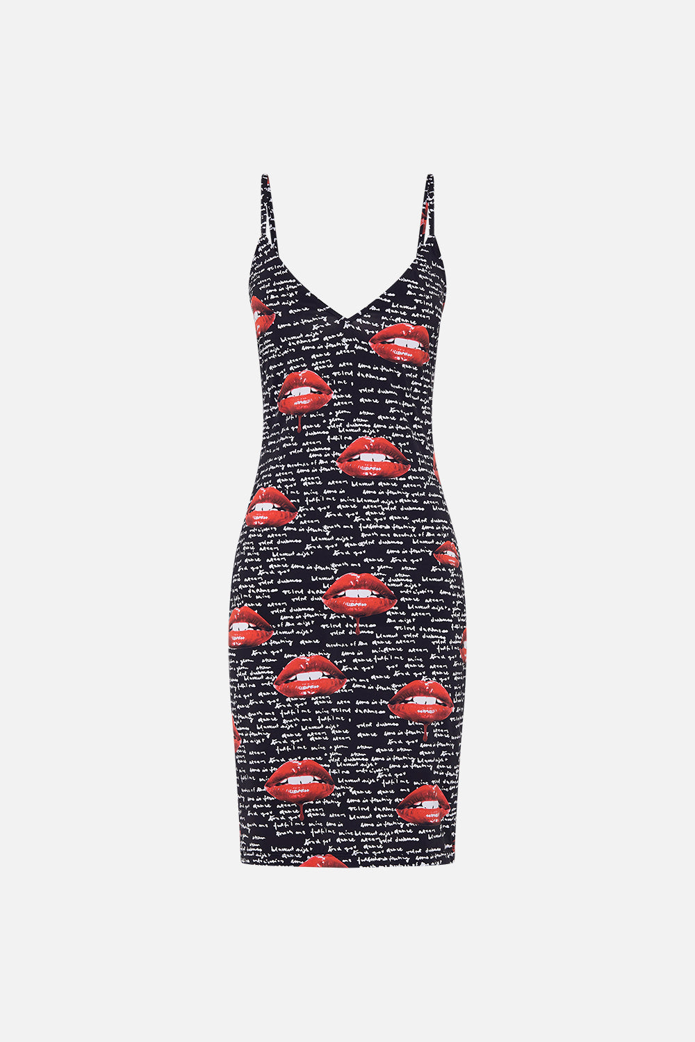Product view of CAMILLA black slip dress in Chaos Magic print
