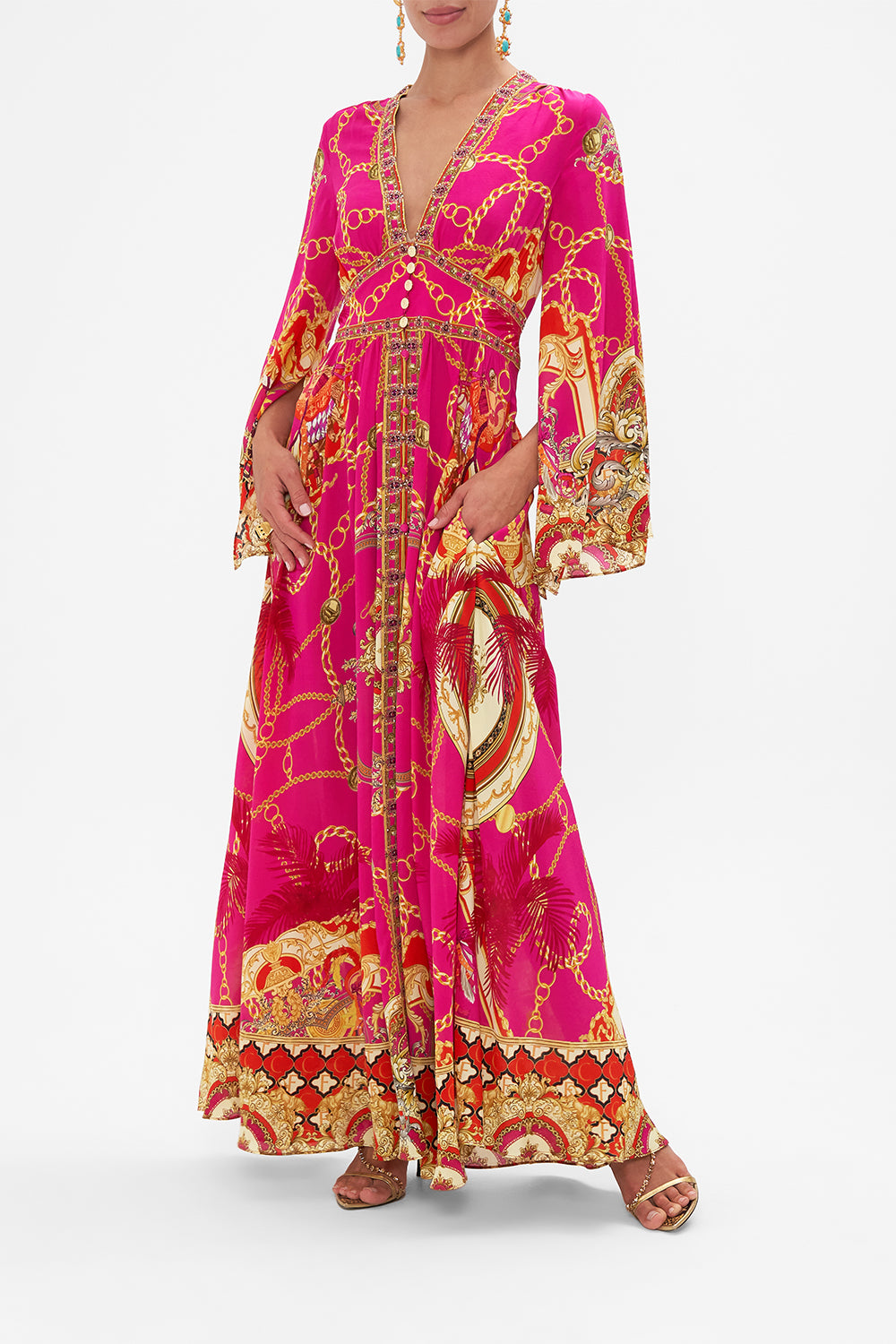 Front view of model wearing CAMILLA pink silk maxi dress in Wild And Running print