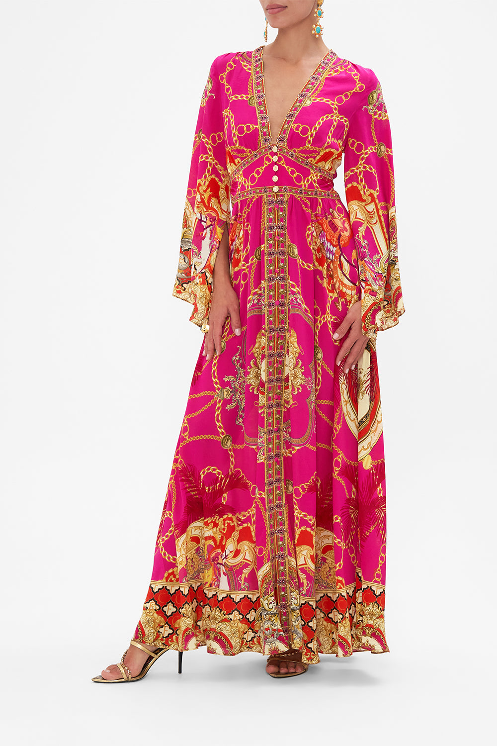 Side view of model wearing CAMILLA pink silk maxi dress in Wild And Running print
