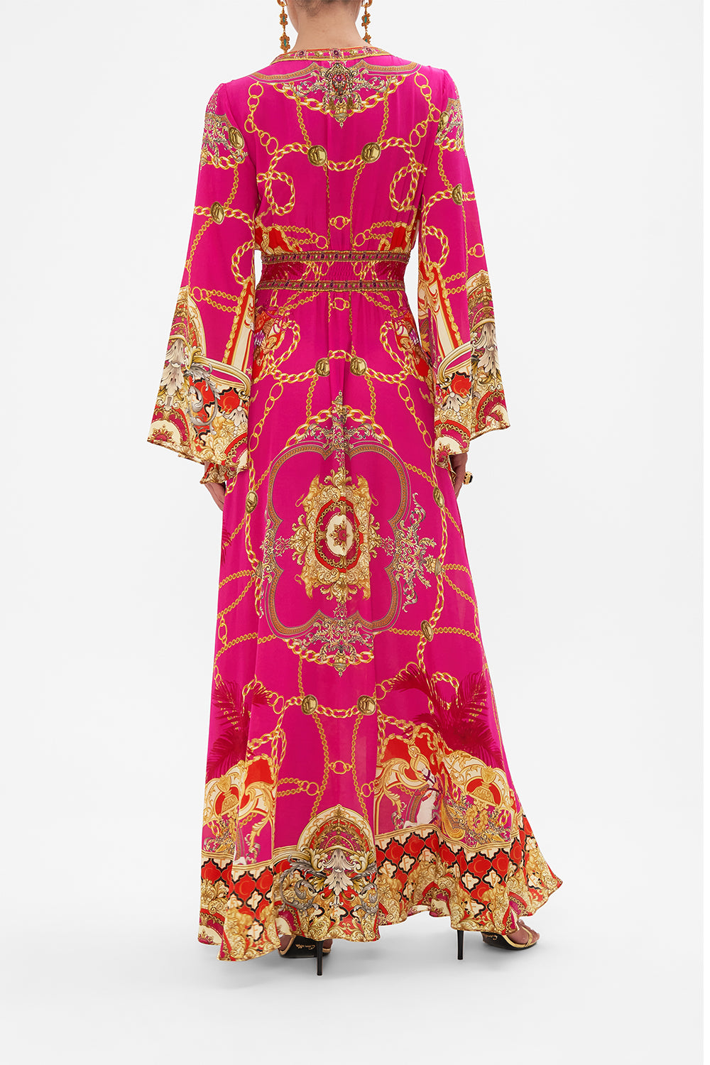 Back view of model wearing CAMILLA pink silk maxi dress in Wild And Running print