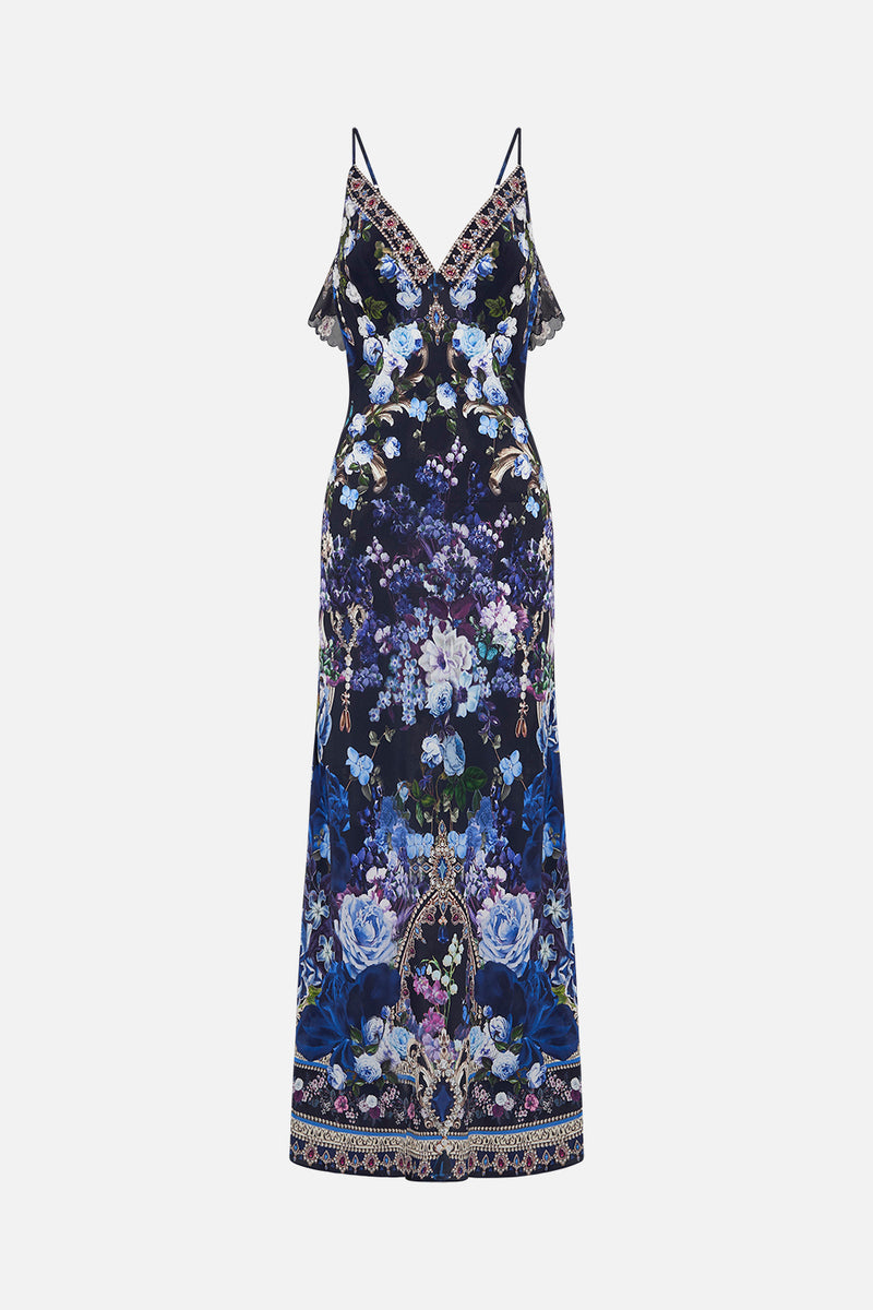 V NECK BIAS SLIP DRESS WITH BACK FRILL ETCHED INTO ETERNITY