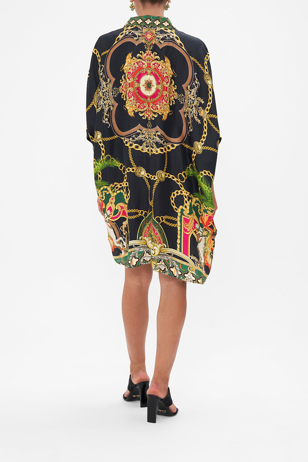 Back view of model wearing CAMILLA silk kaftan in Jealousy And Jewels print