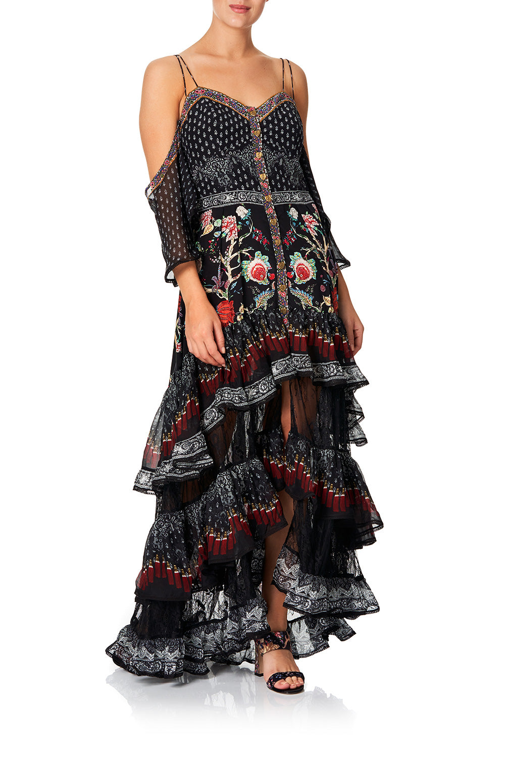 BUTTON-UP HIGH LOW DRESS WITH RUFFLE DETAIL HAUTE PROVINCIAL