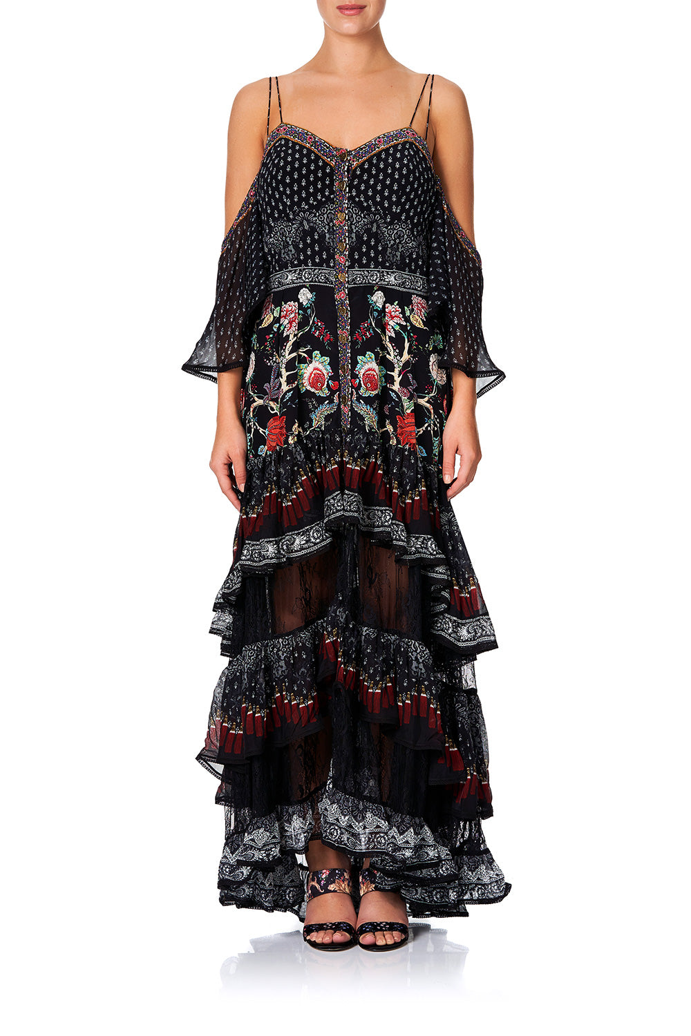 BUTTON-UP HIGH LOW DRESS WITH RUFFLE DETAIL HAUTE PROVINCIAL