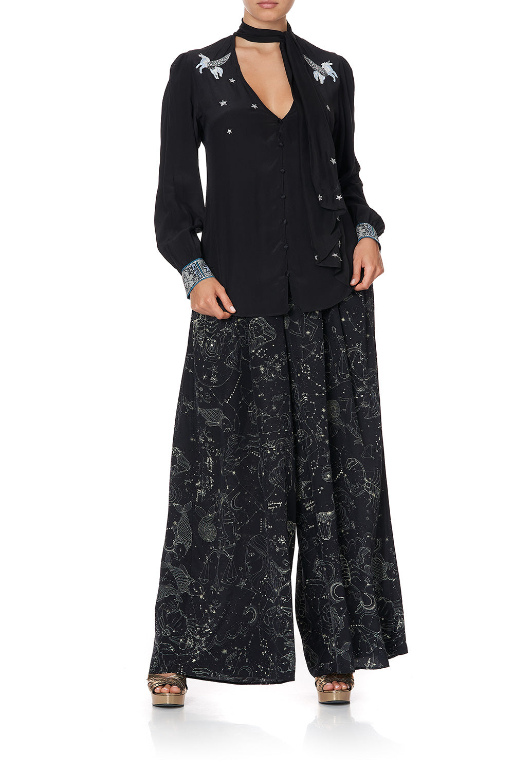 BUTTON DOWN BLOUSE WITH NECK TIE ASTRO DISCO