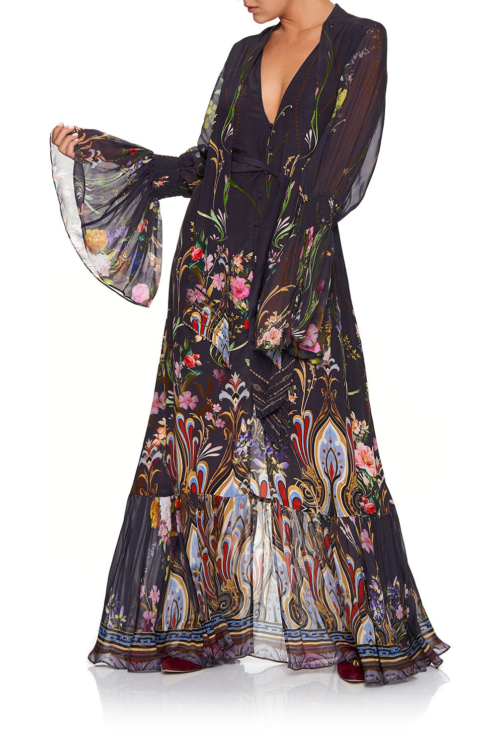 CAMILLA ELASTIC SLEEVE TIE FRONT DRESS WILD FLOWER