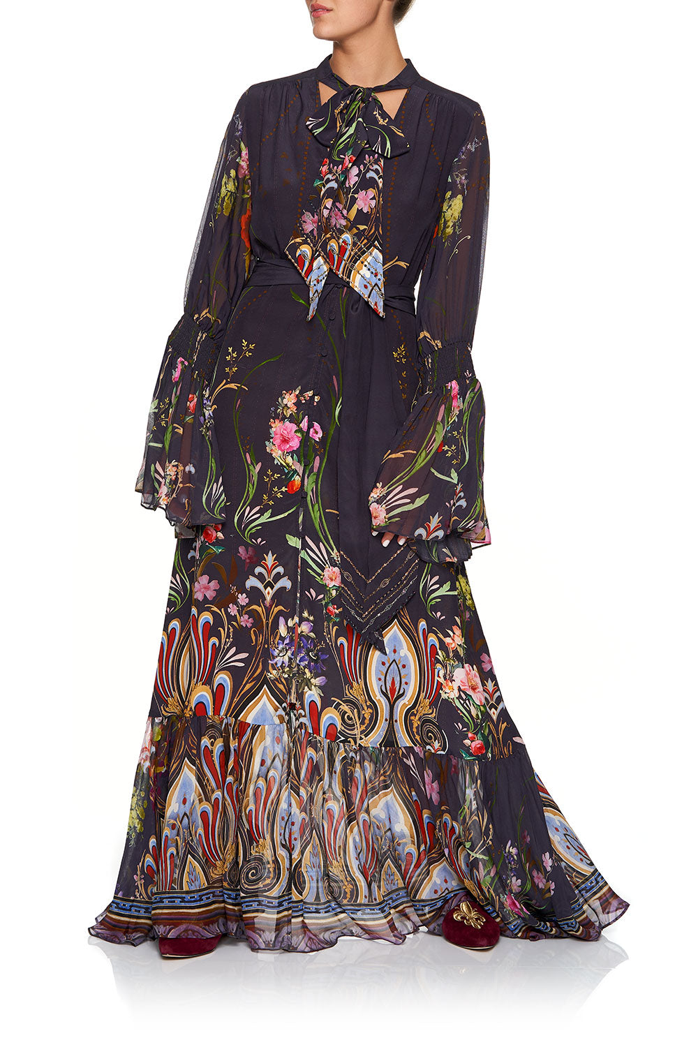 CAMILLA ELASTIC SLEEVE TIE FRONT DRESS WILD FLOWER