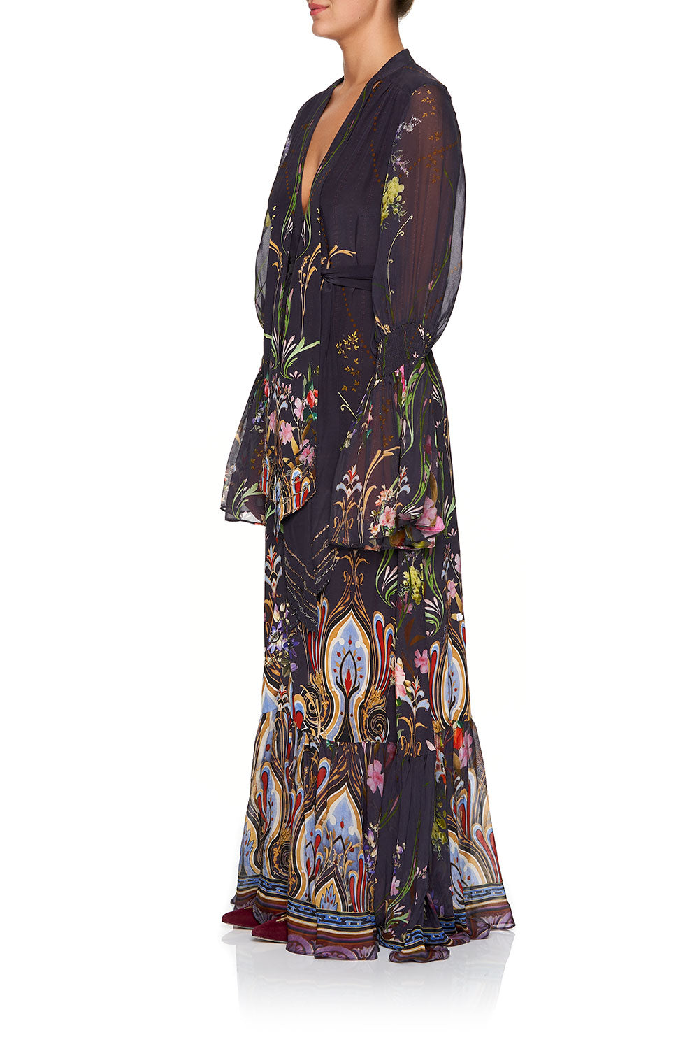 CAMILLA ELASTIC SLEEVE TIE FRONT DRESS WILD FLOWER