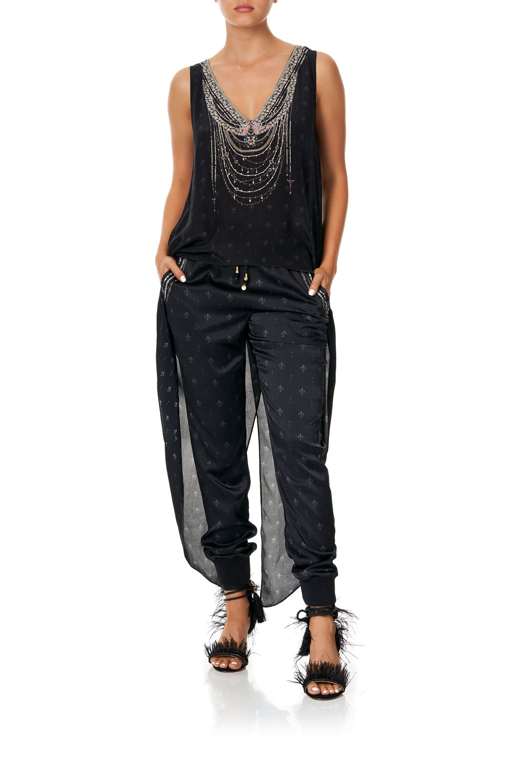 DRAWSTRING PANT WITH RIBBING BLACK