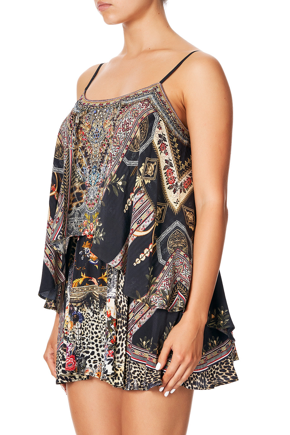 CAMILLA FLARED PLAYSUIT WITH OVERLAYER MARAIS AT MIDNIGHT