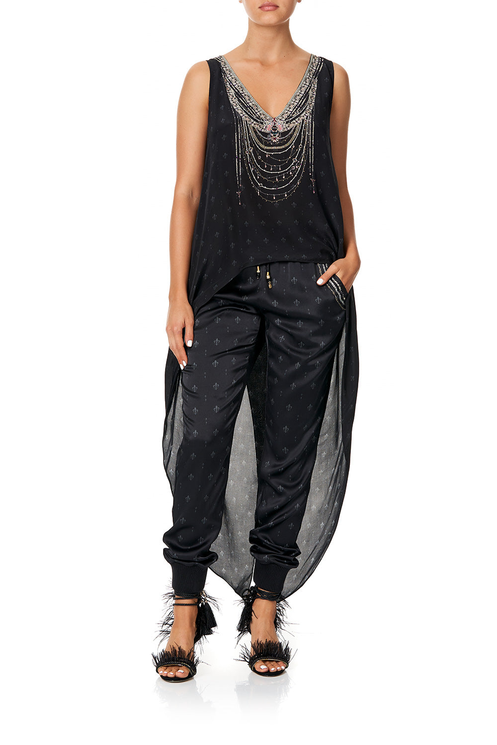 CAMILLA HIGH LOW CROSS BACK TOP BLACK