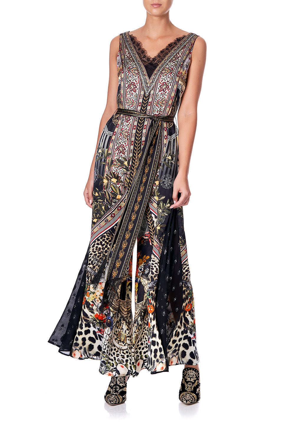 LACE TRIM JUMPSUIT WITH GODET MARAIS AT MIDNIGHT