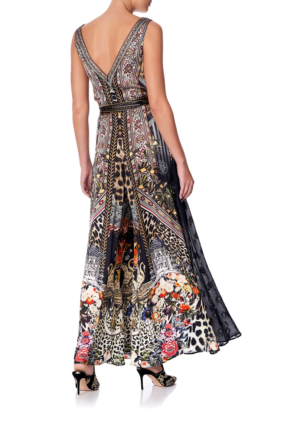 LACE TRIM JUMPSUIT WITH GODET MARAIS AT MIDNIGHT