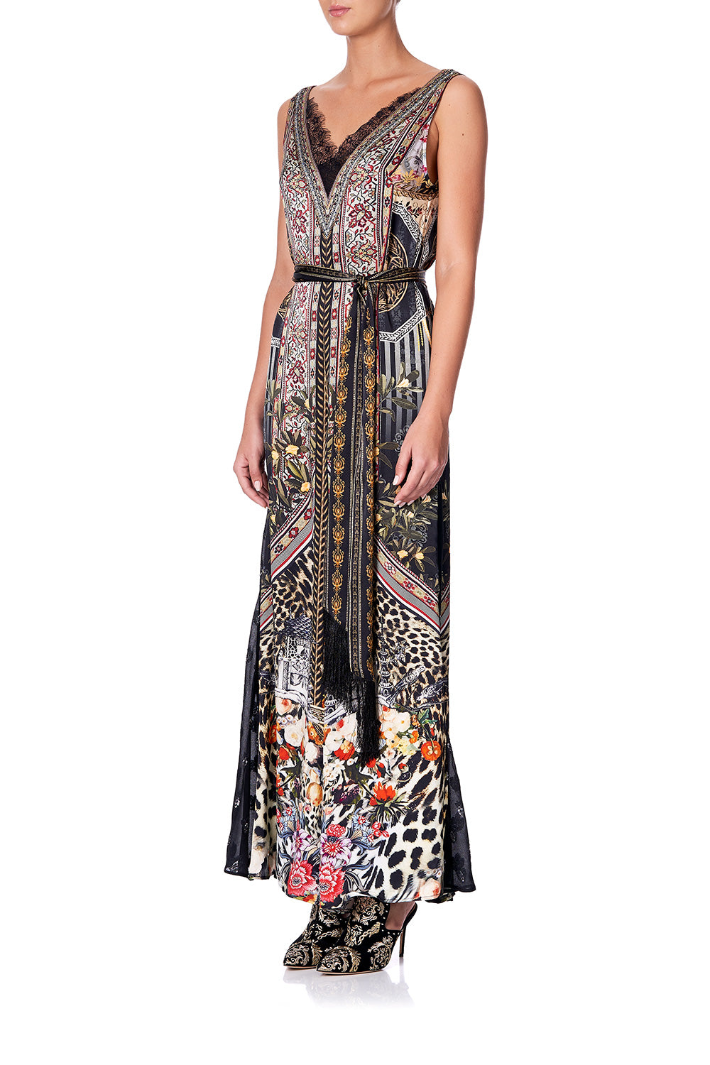 LACE TRIM JUMPSUIT WITH GODET MARAIS AT MIDNIGHT