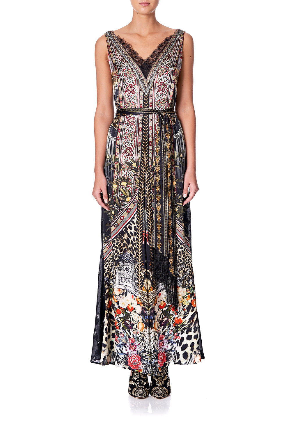 LACE TRIM JUMPSUIT WITH GODET MARAIS AT MIDNIGHT