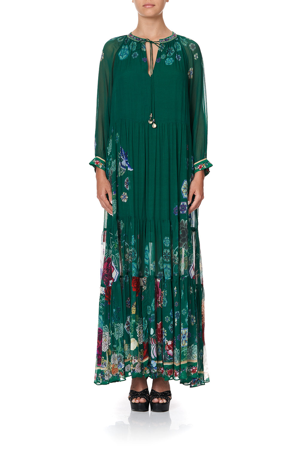 LONG GATHERED PANEL DRESS EMERALD'S ORBIT