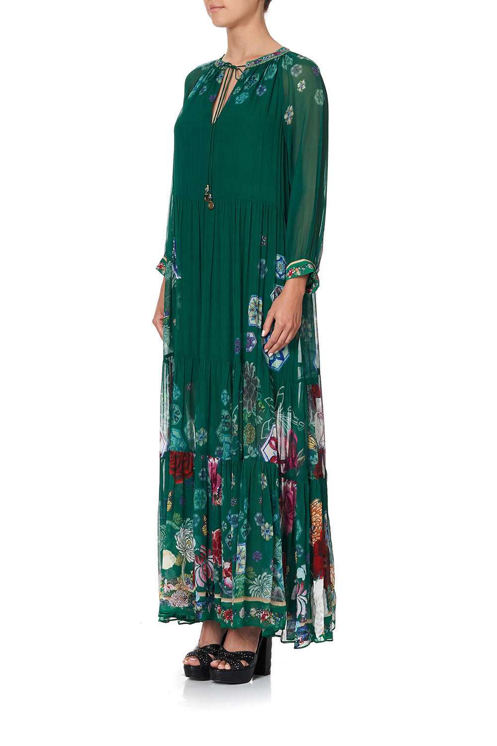 LONG GATHERED PANEL DRESS EMERALD'S ORBIT