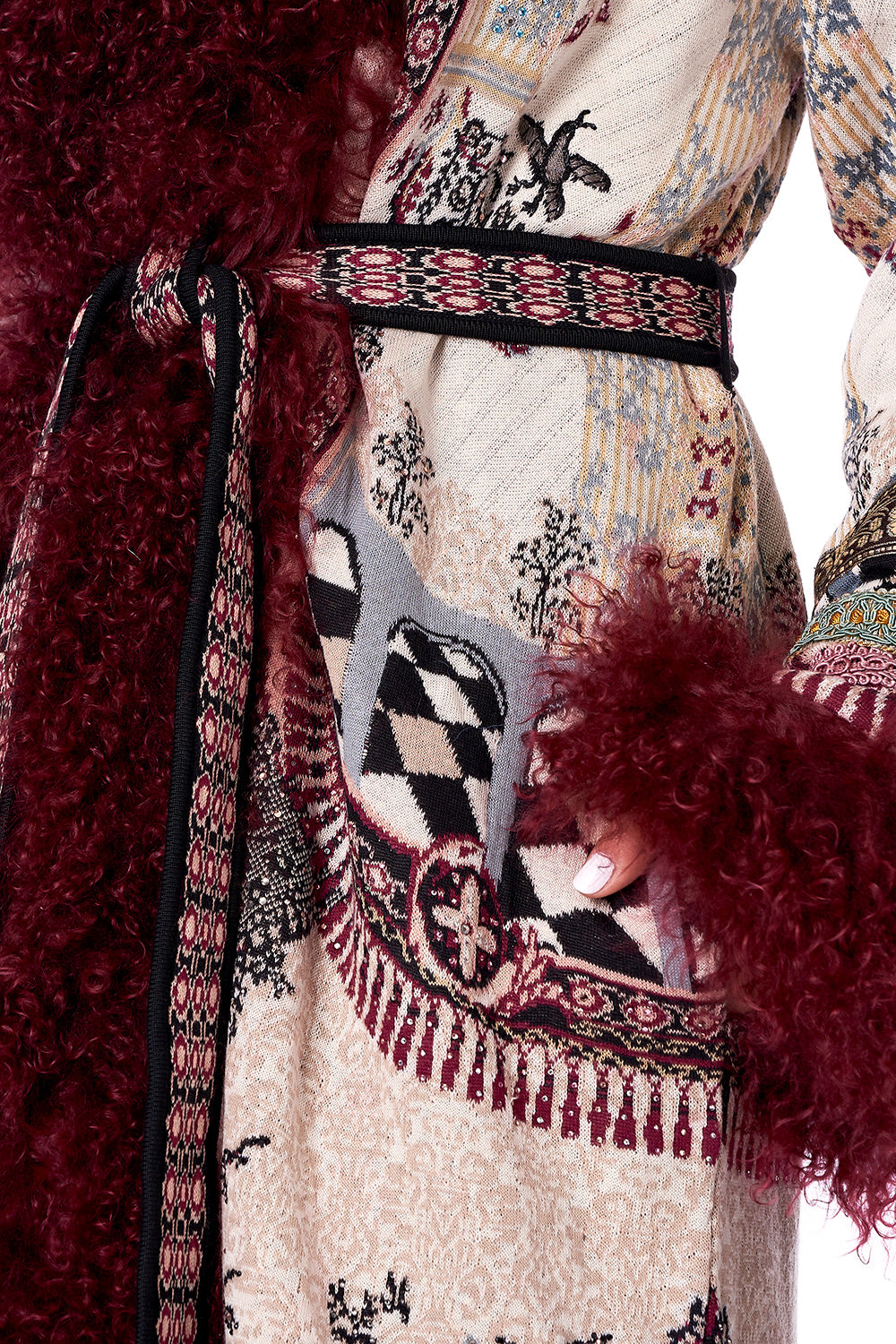 LONG KNIT JACQUARD COAT WITH FUR VIOLET CITY