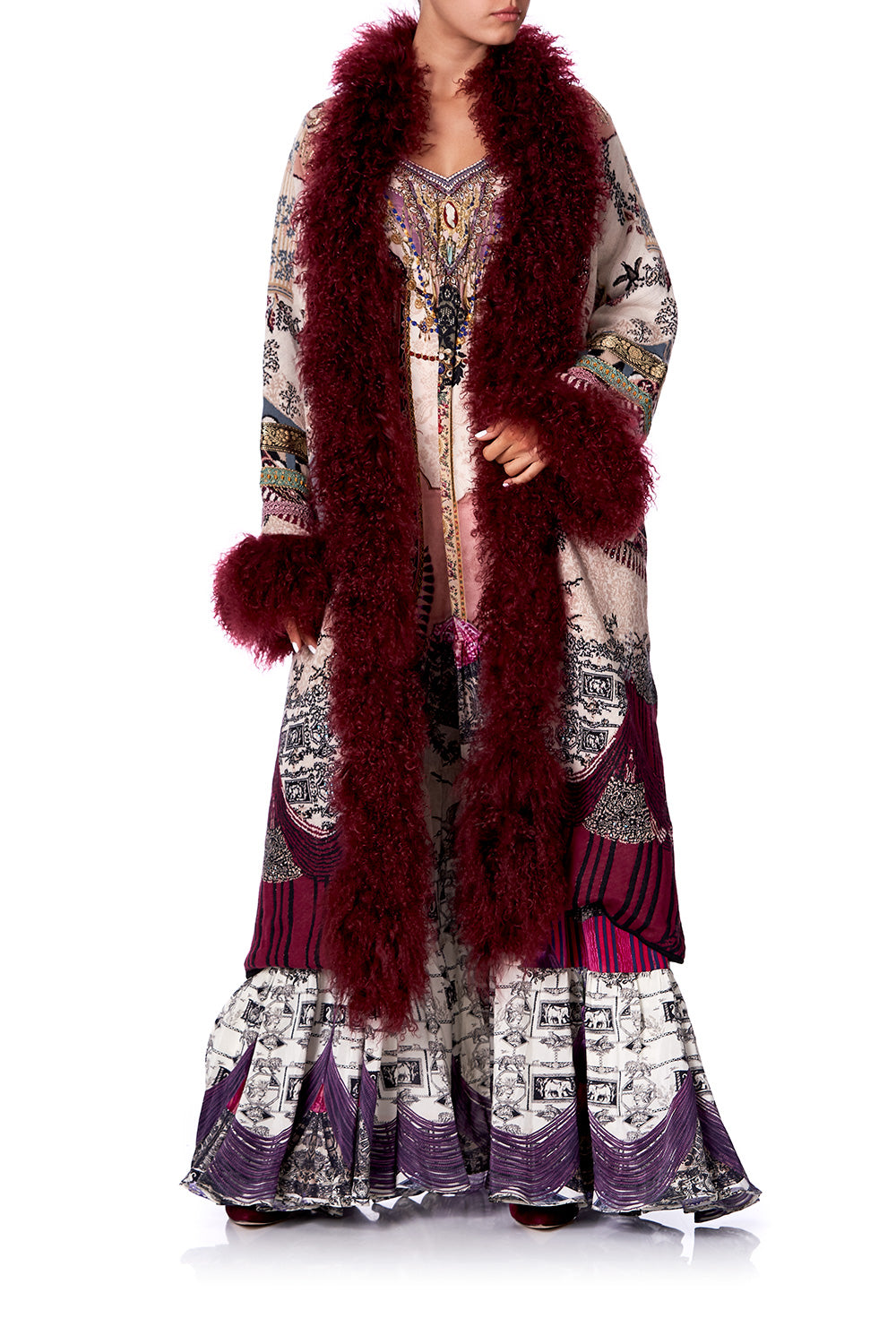 LONG KNIT JACQUARD COAT WITH FUR VIOLET CITY