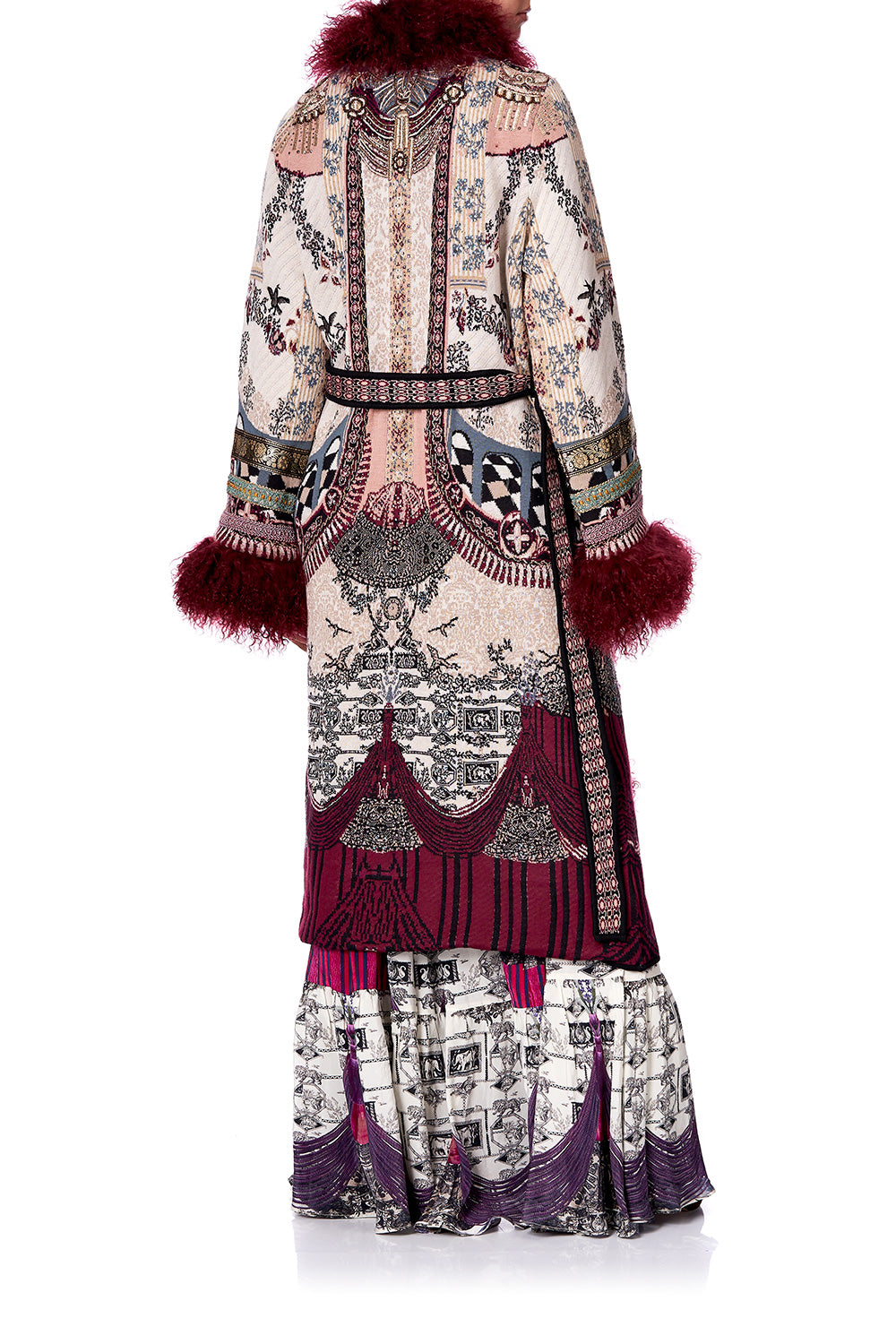 LONG KNIT JACQUARD COAT WITH FUR VIOLET CITY