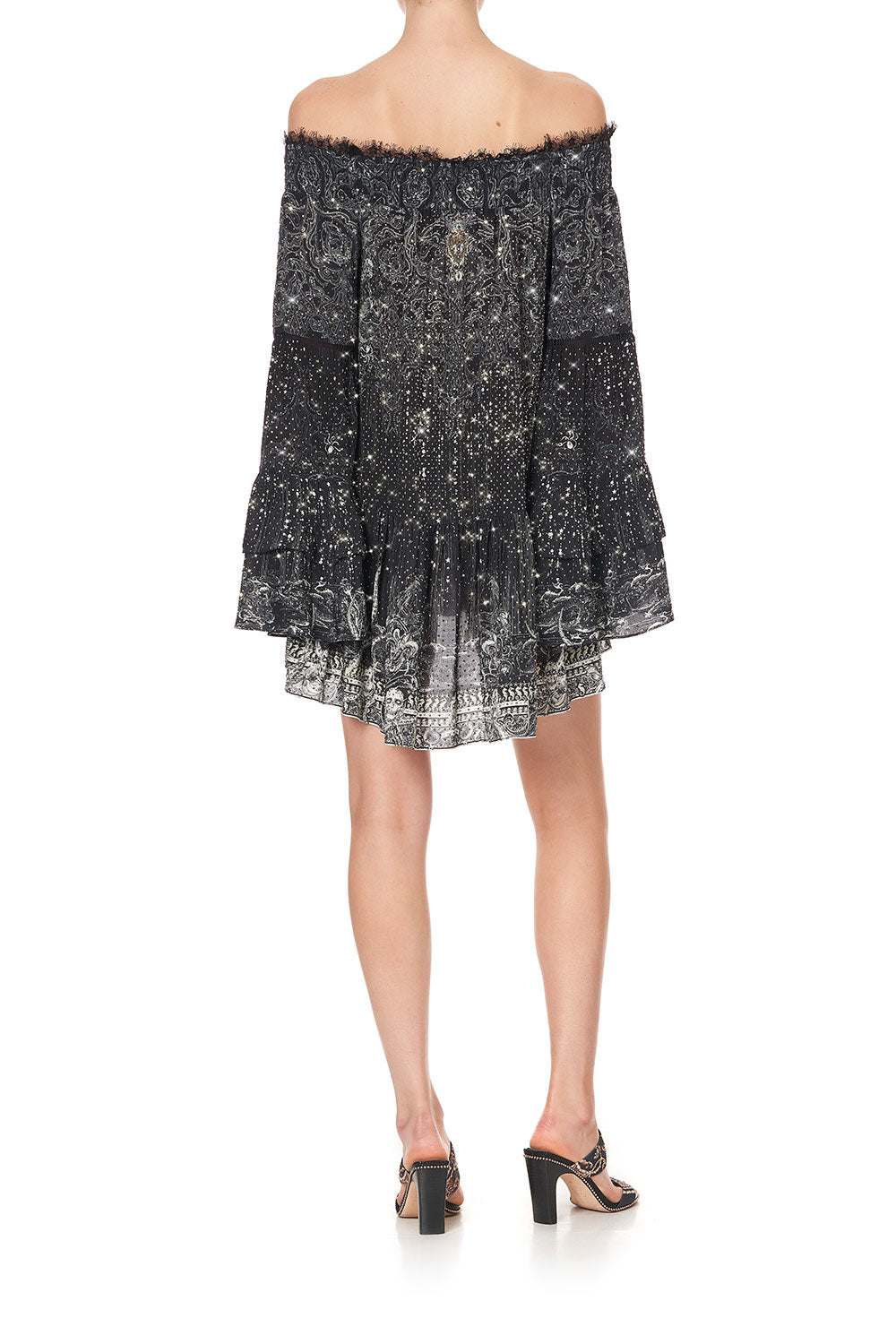 OFF SHOULDER DRESS WITH SMOCKING MIDNIGHT PEARL