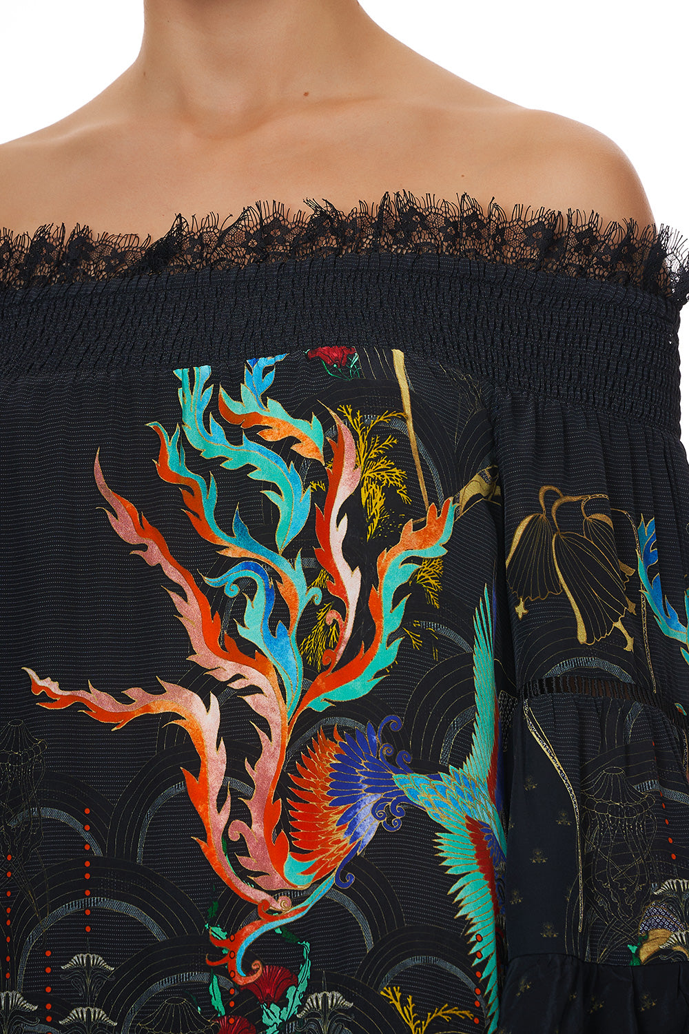 OFF SHOULDER DRESS WITH SMOCKING WISE WINGS