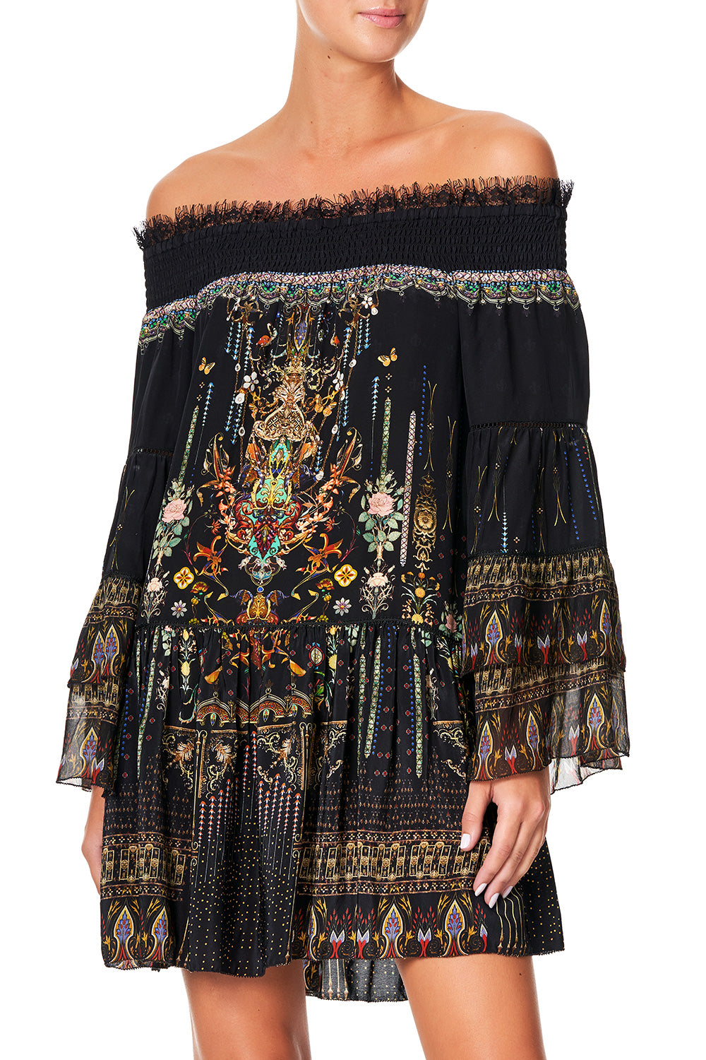 CAMILLA OFF SHOULDER DRESS WITH SMOCKING REBELLE REBELLE