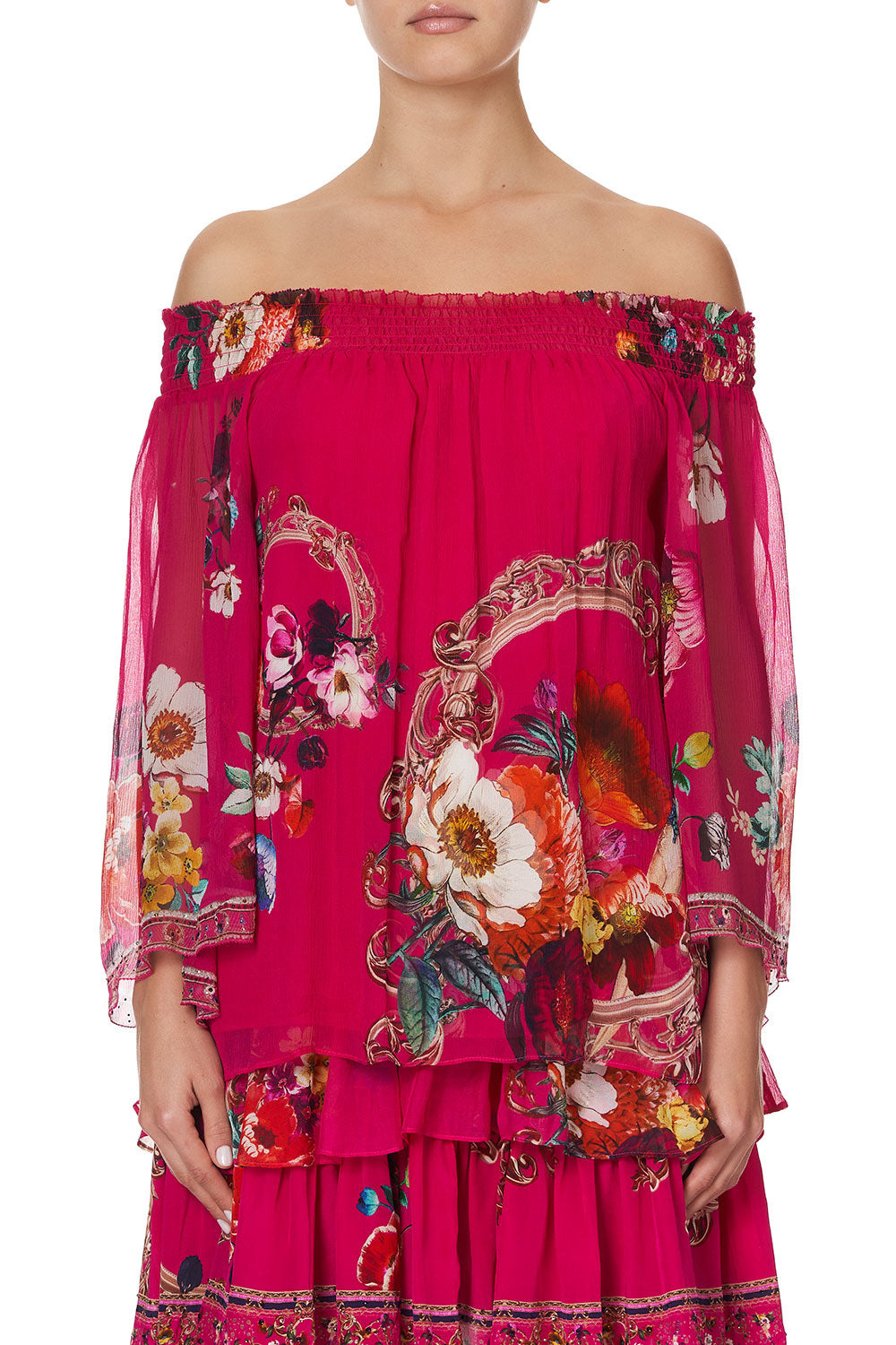 OFF SHOULDER SHIRRED BLOUSE APPLE EYED