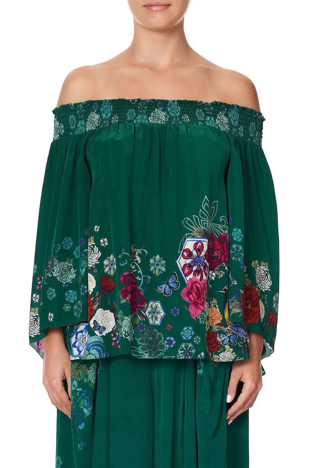 OFF SHOULDER SHIRRED BLOUSE EMERALD'S ORBIT