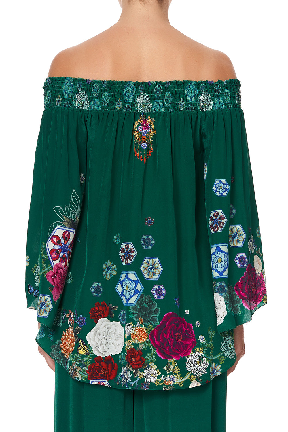 OFF SHOULDER SHIRRED BLOUSE EMERALD'S ORBIT