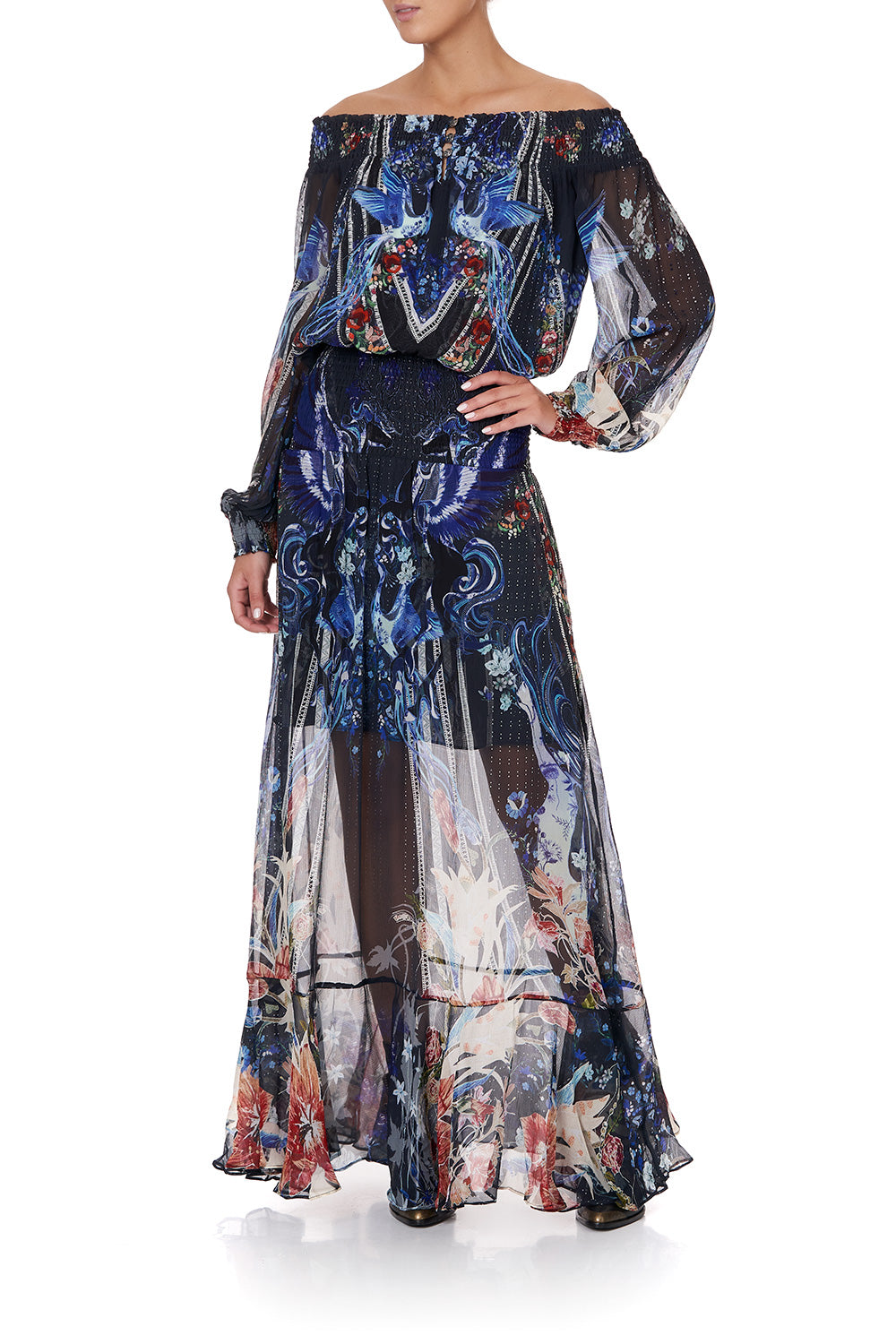 OFF SHOULDER SHIRRED DRESS MARE MYSTIQUE