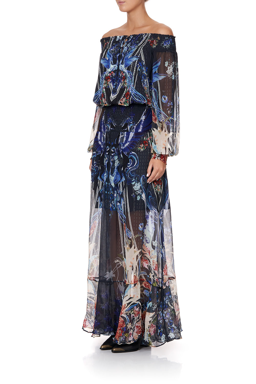 OFF SHOULDER SHIRRED DRESS MARE MYSTIQUE