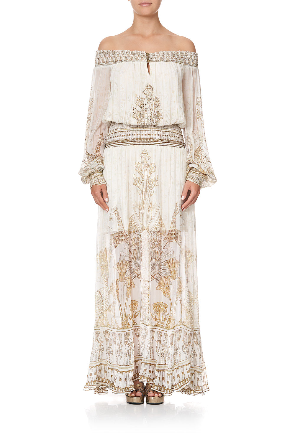 OFF SHOULDER SHIRRED DRESS THE QUEENS CHAMBER