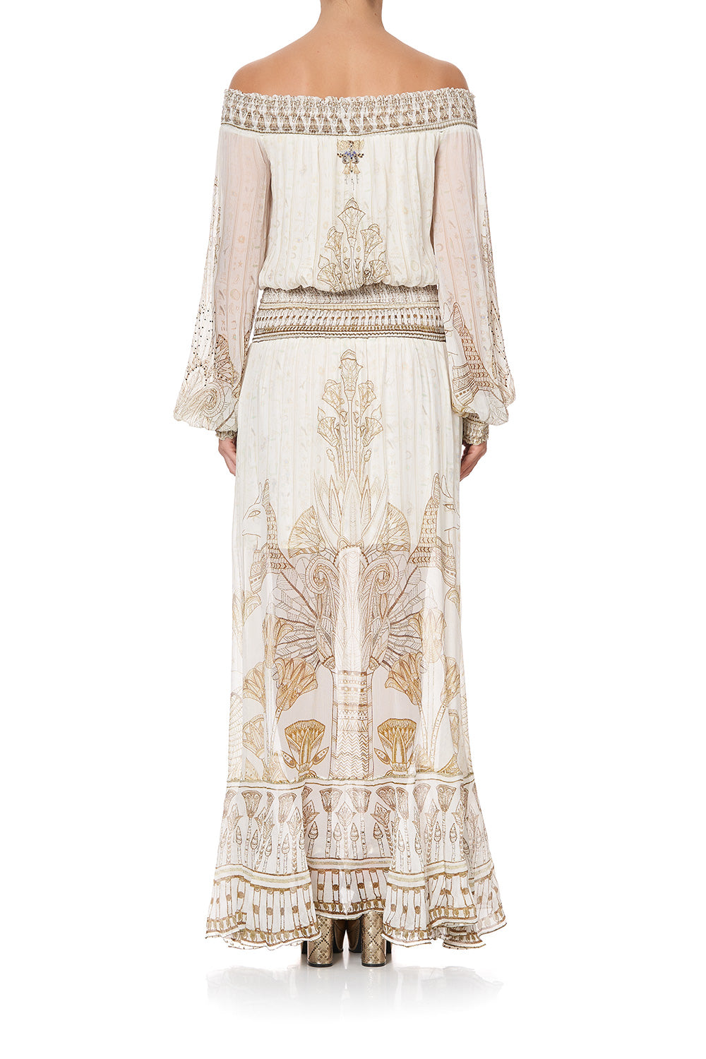 OFF SHOULDER SHIRRED DRESS THE QUEENS CHAMBER