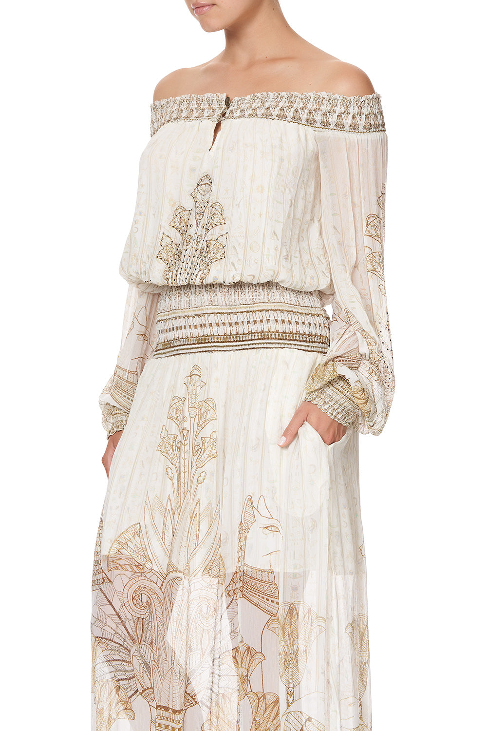 OFF SHOULDER SHIRRED DRESS THE QUEENS CHAMBER