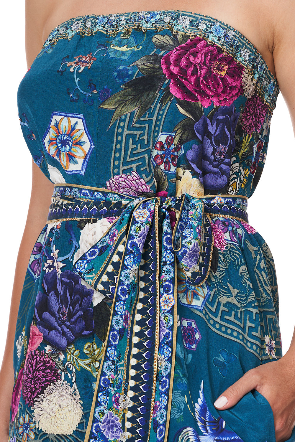 STRAPLESS PLAYSUIT WITH WAIST TIE LUNAR GAZING