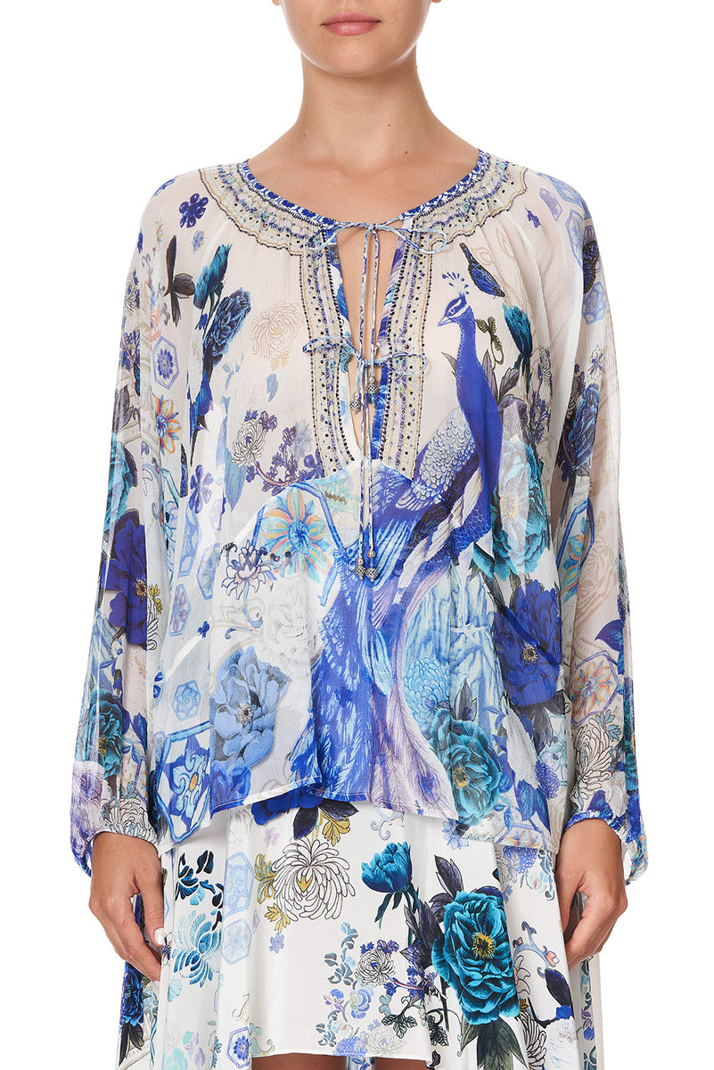 TIE FRONT HIGH LOW HEM BLOUSE WHITE SIDE OF THE MOON