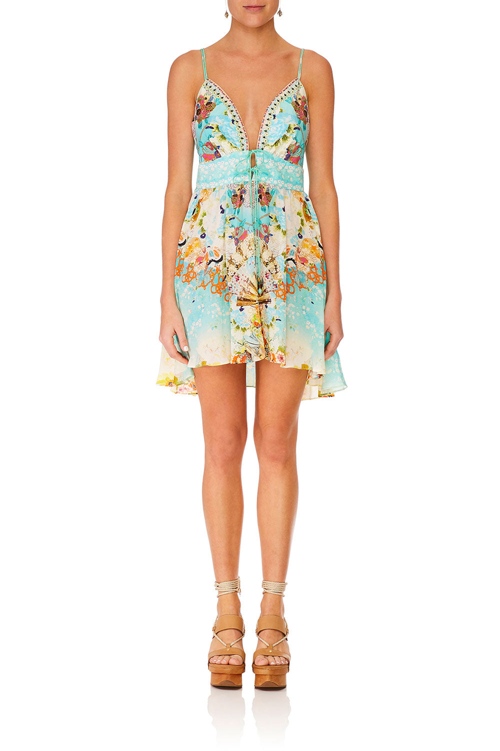 CAMILLA TIE FRONT MINI DRESS RETRO'S RAINBOW