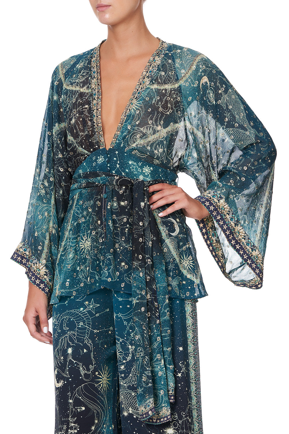 TIE FRONT WIDE SLEEVE BLOUSE WITH SHIRRED BACK INTO THE MYSTIQUE